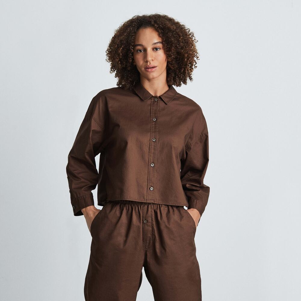 Everlane The Woven Boxy Chocolate PJ Everyday Casual Top Silky Cotton NWT M